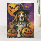 Spooky Basset Hound Halloween Hexe und Kürbiskürbi Karte (Vorderseite)