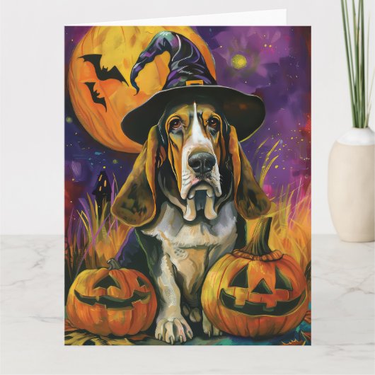 Spooky Basset Hound Halloween Hexe und Kürbiskürbi Karte (Vorderseite)