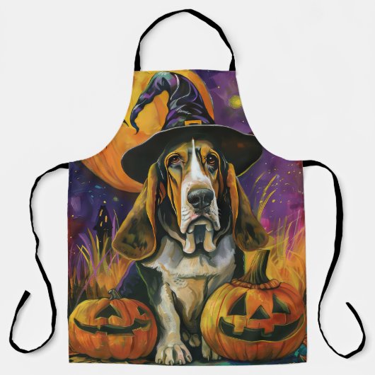 Spooky Basset Hound Halloween Hexe und Kürbiskürbi Schürze (Vorderseite)