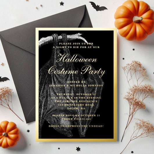 Spooky Bat Halloween Kostüm Party Gold Folieneinladung
