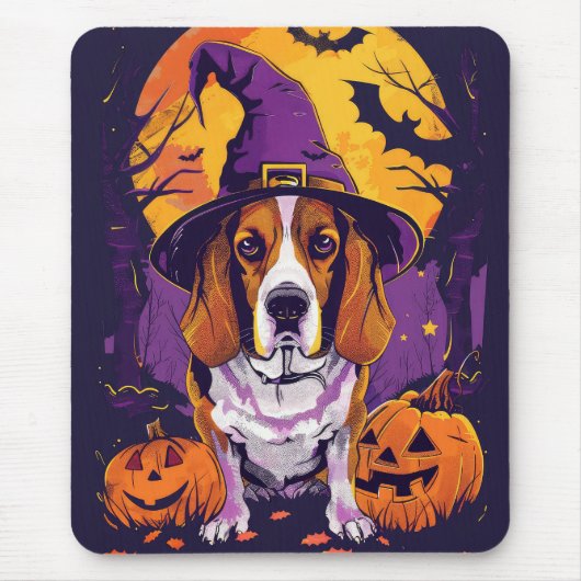 Spooky Beagle Halloween Hexe und Kürbis Mousepad (Vorne)