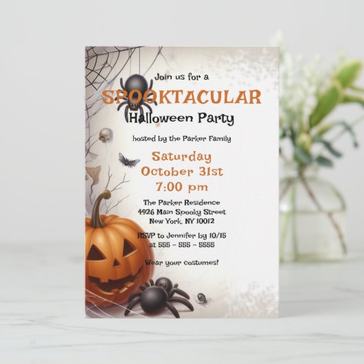 Spooky Beängstigend Pumpkin and Spiders Halloween- Einladung (Stehend Vorderseite)