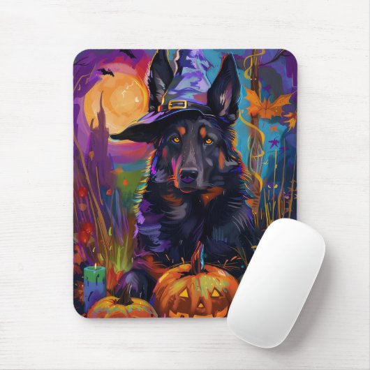 Spooky Belgischer Schäferhund Halloween Hexenkürbi Mousepad (Mit Mouse)