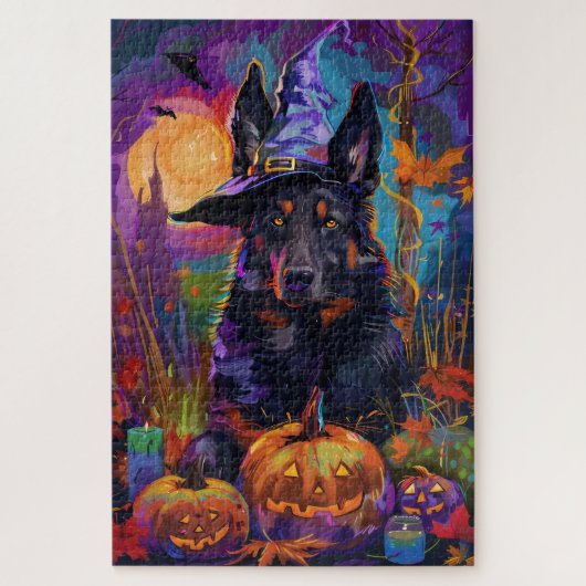 Spooky Belgischer Schäferhund Halloween Hexenkürbi Puzzle (Vertikal)