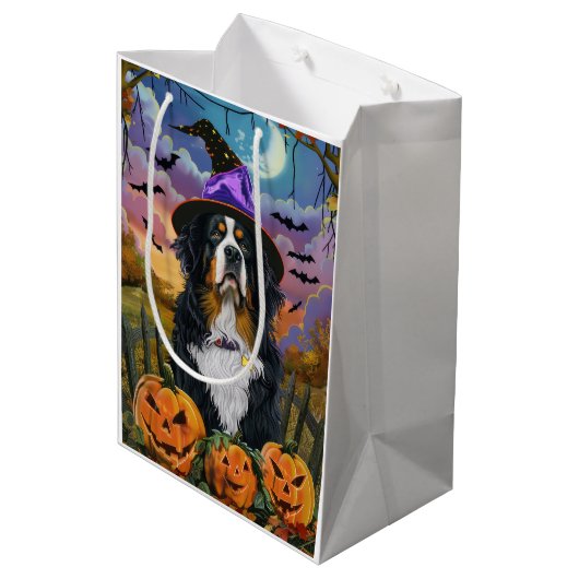 Spooky Bernese Mountain Halloween Hexenkürbis Mittlere Geschenktüte (Rückseite Schrägansicht)