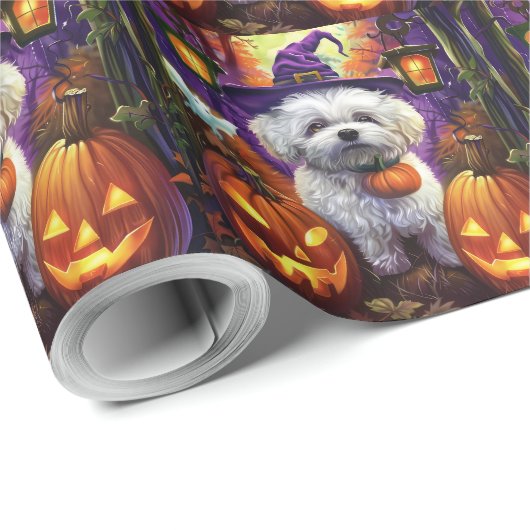 Spooky Bichon Frise Halloween Hexe und Pumpkin Geschenkpapier (Rolleneckpunkt)