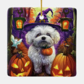 Spooky Bichon Frise Halloween Hexe und Pumpkin Keramikornament (Rückseite)
