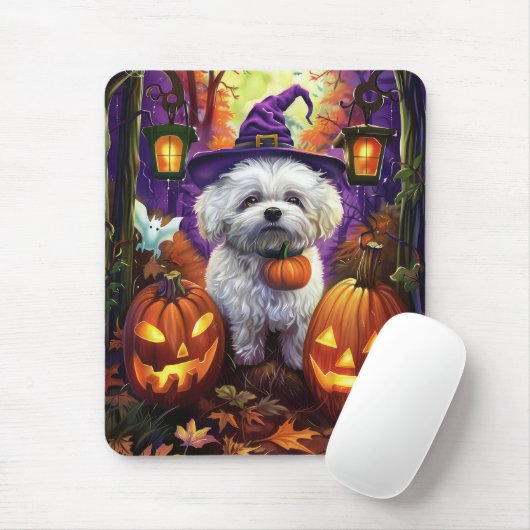 Spooky Bichon Frise Halloween Hexe und Pumpkin Mousepad (Mit Mouse)