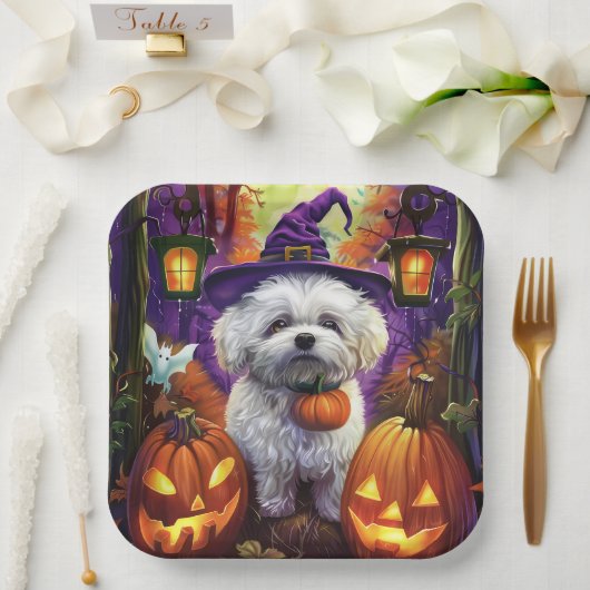 Spooky Bichon Frise Halloween Hexe und Pumpkin Pappteller (Hochzeit)