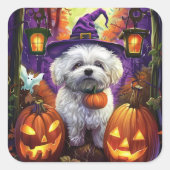 Spooky Bichon Frise Halloween Hexe und Pumpkin Quadratischer Aufkleber (Vorderseite)