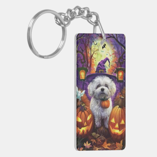 Spooky Bichon Frise Halloween Hexe und Pumpkin Schlüsselanhänger (Vorderseite links)