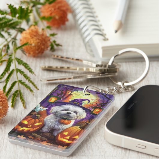 Spooky Bichon Frise Halloween Hexe und Pumpkin Schlüsselanhänger (Vorderseite rechts)