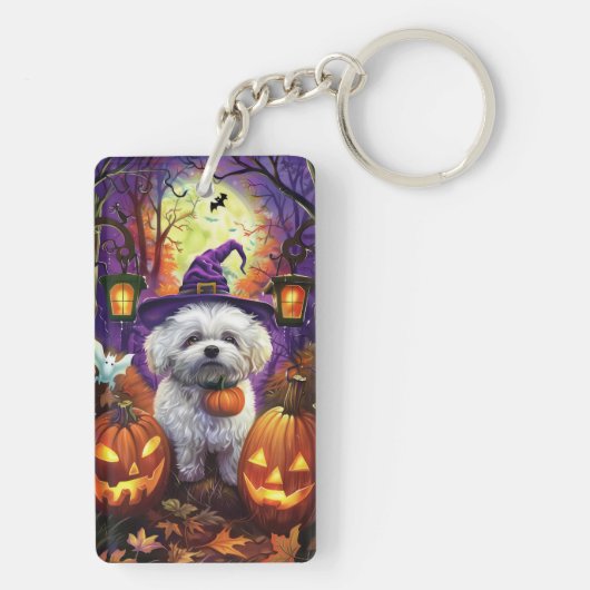 Spooky Bichon Frise Halloween Hexe und Pumpkin Schlüsselanhänger (Rückseite)