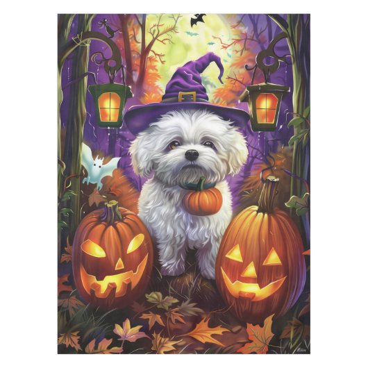 Spooky Bichon Frise Halloween Hexe und Pumpkin Tischdecke (Vorderseite)