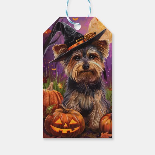 Spooky Biewer Terrier Halloween Hexe und Pumpkin Geschenkanhänger (Rückseite)