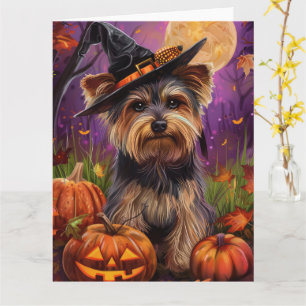 Spooky Biewer Terrier Halloween Hexe und Pumpkin Karte