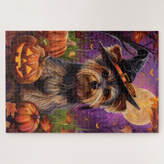 Spooky Biewer Terrier Halloween Hexe und Pumpkin Puzzle (Horizontal)