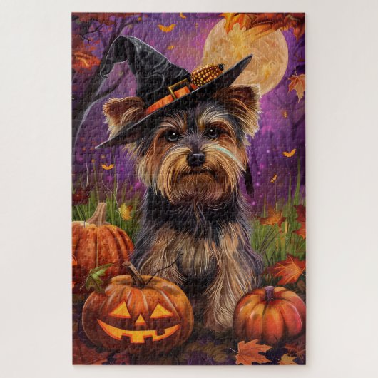 Spooky Biewer Terrier Halloween Hexe und Pumpkin Puzzle (Vertikal)