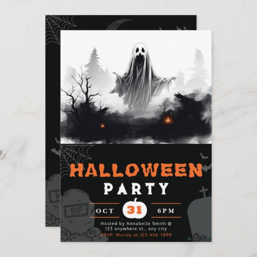 Spooky Black and White Ghost Creepy Halloween Einladung (Vorne/Hinten)