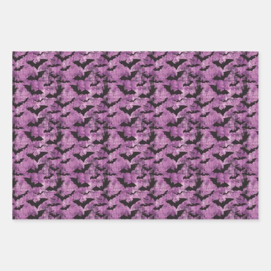 Spooky Black Bat Muster auf grungy Lila Geschenkpapier Set (Vorderseite)