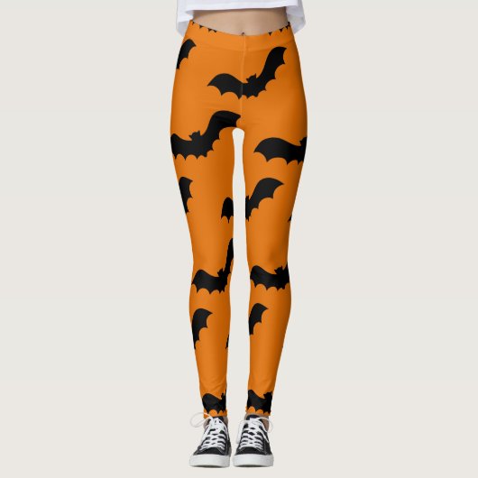 Spooky Black Bats Muster Halloween Orange Leggings (Vorderseite)