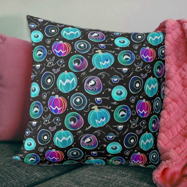 Spooky Black Blue Monster Eyeball Pumpkin Doodles Kissen (Von Creator hochgeladen)
