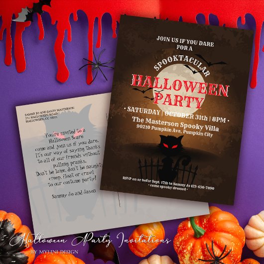 Spooky Black Cat & Bats Halloween Einladung Postkarte