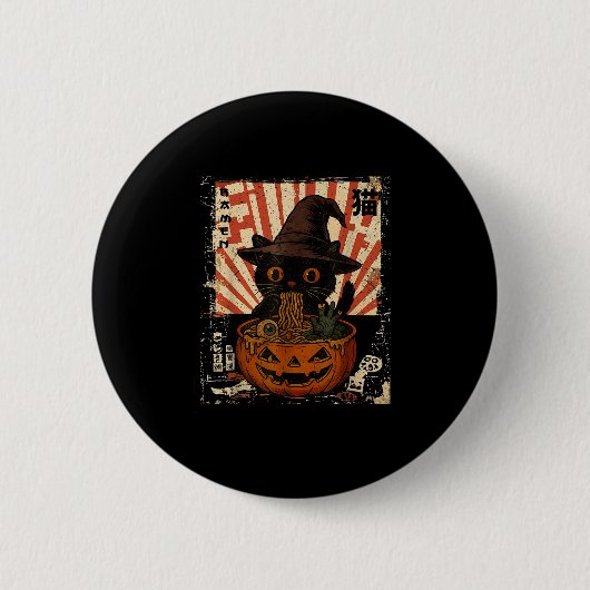 Spooky Black Cat Eating Ramen Japanisch Halloween Button (Vorderseite)