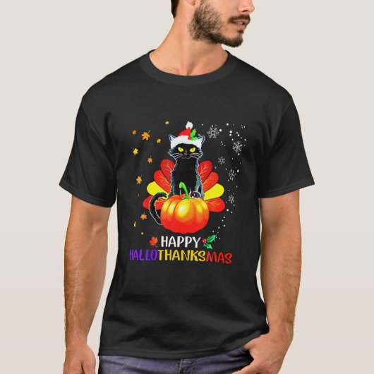 Spooky Black Cat Erntedank Weihnachts-Happy Hall T-Shirt (Vorderseite)