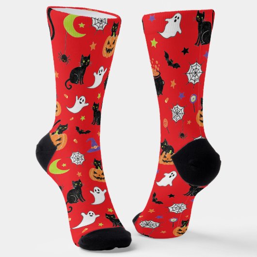 Spooky Black Cat & Ghost Halloween Pattern Socks Socken (Gewinkelt)