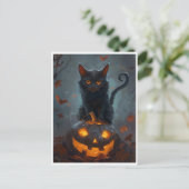 Spooky Black Cat Halloween Kunstdrucke und Geschen Postkarte (Stehend Vorderseite)