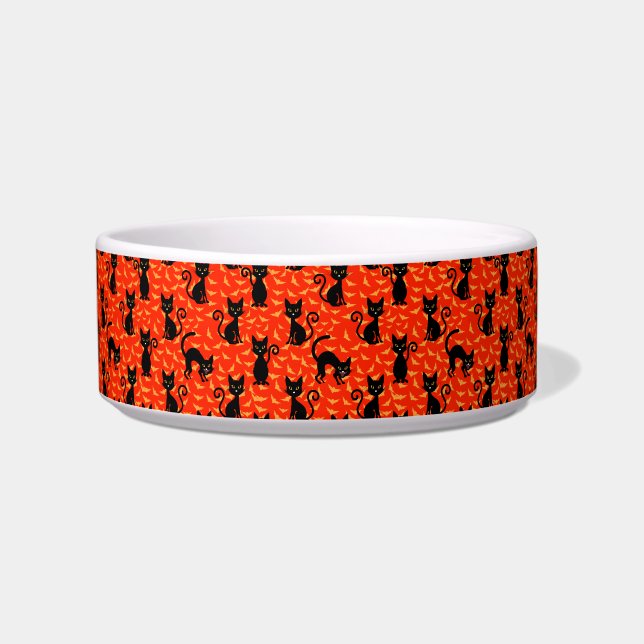 Spooky Black Cat Halloween Orange Bats Napf (Vorderseite)