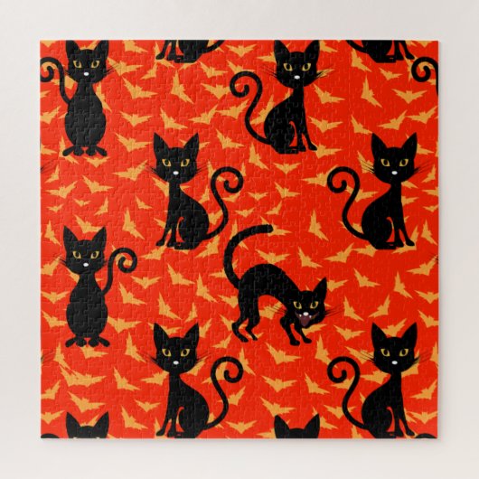 Spooky Black Cat Halloween Orange Bats Puzzle (Vertikal)