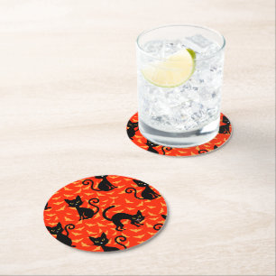 Spooky Black Cat Halloween Orange Bats Runder Pappuntersetzer
