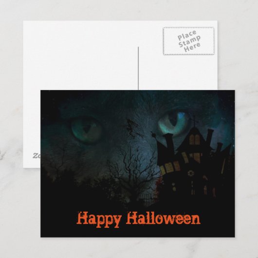Spooky Black Cat Halloween Postkarte (Vorne/Hinten)