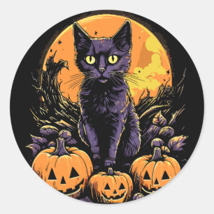 Spooky Black Cat Halloween Pumpkin Runder Aufkleber