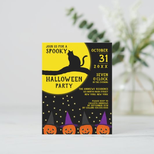 Spooky Black Cat Jack O'lantern Halloween-Party Einladungspostkarte (Stehend Vorderseite)