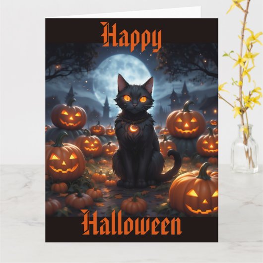 Spooky Black Cat mit Jack O'Lanterns Karte (Gelbe Blume)