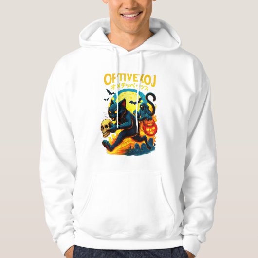 Spooky Black Cat mit Skull & Ghost Halloween Hoodie (Vorderseite)