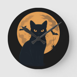 Spooky Black Cat Silhouette Halloween Gothic Cat Runde Wanduhr