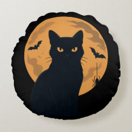 Spooky Black Cat Silhouette Halloween Gothic Cat Rundes Kissen