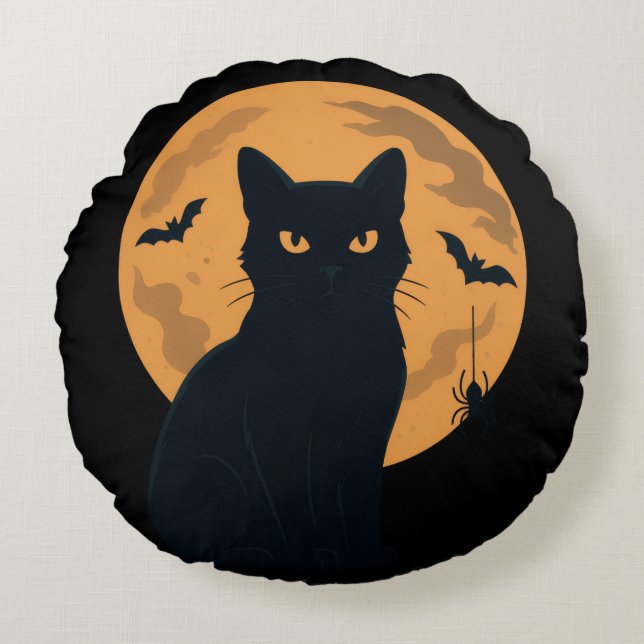 Spooky Black Cat Silhouette Halloween Gothic Cat Rundes Kissen (Vorderseite)