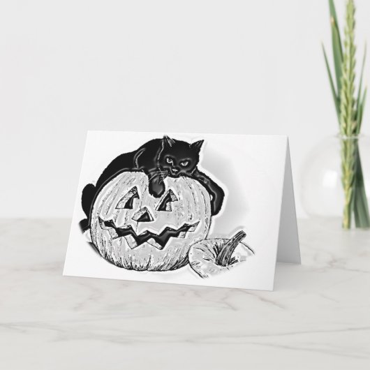 Spooky Black Cat und Pumpkin Halloween Karte (Vorderseite)