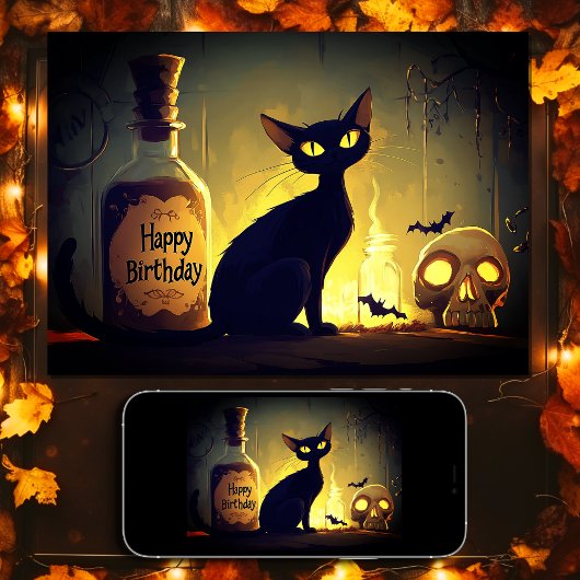 Spooky Black Cat und Skull Halloween Geburtstag Karte