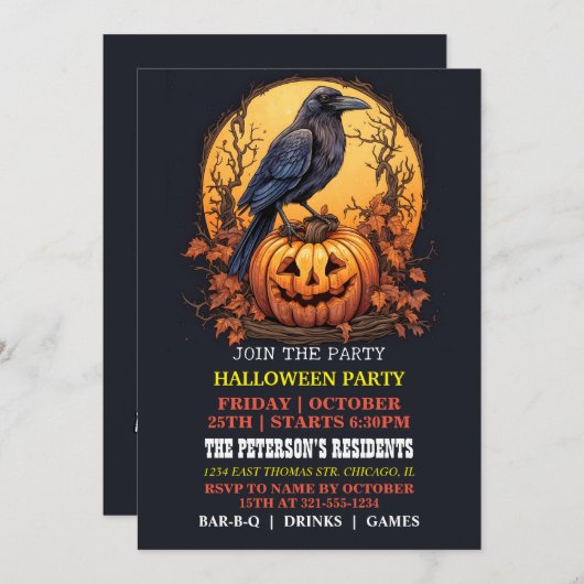 Spooky Black Crow Halloween-Party Einladungen (Vorne/Hinten)