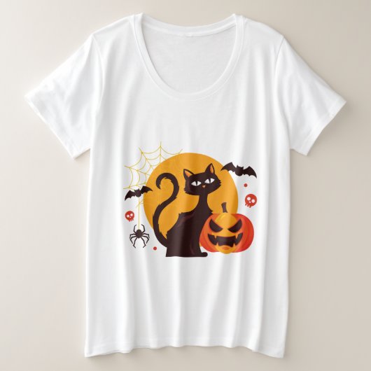 Spooky Black Orange Halloween Cat Pumpkin Art Große Größe T-Shirt (Design vorne)