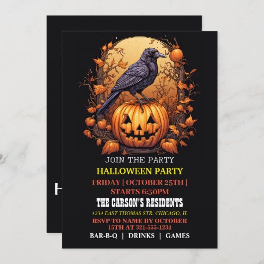 Spooky Black Raven Halloween-Party Einladungen (Vorne/Hinten)
