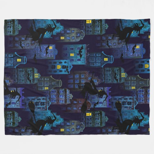 SPOOKY BLUE HALLOWEEN CITYSCAPE FLEECEDECKE (Vorderseite (Horizontal))