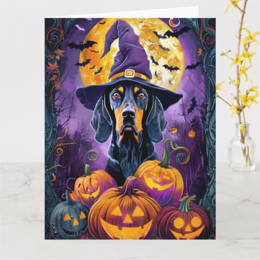 Spooky Bluetick Coonhound Halloween Hexenkürbis Karte (Gelbe Blume)
