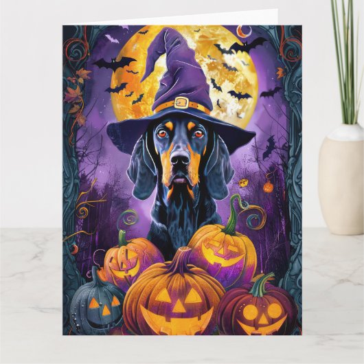 Spooky Bluetick Coonhound Halloween Hexenkürbis Karte (Vorderseite)